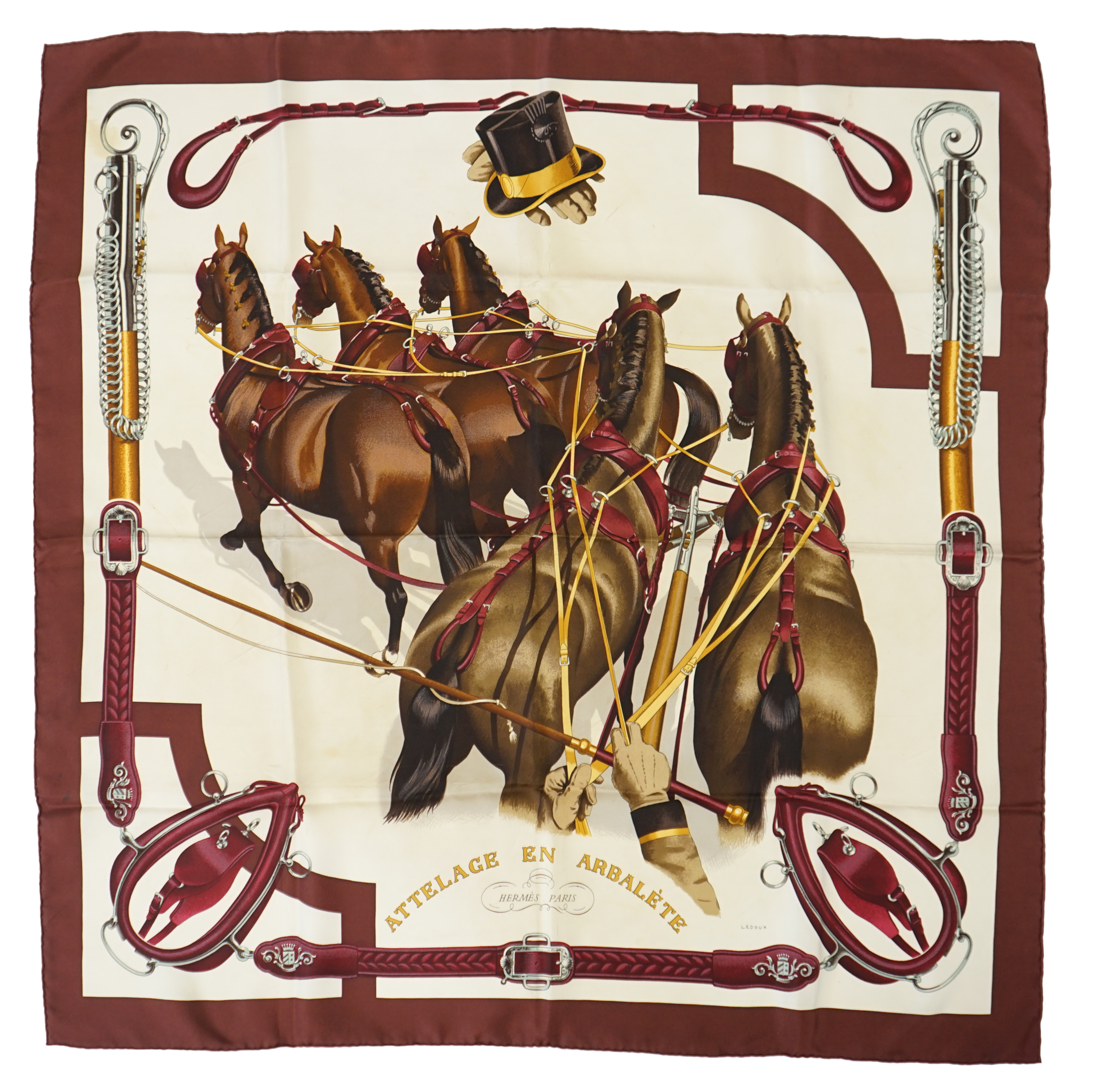 A Hermes Attelage en Arbalete silk scarf, 90 x 90 cm